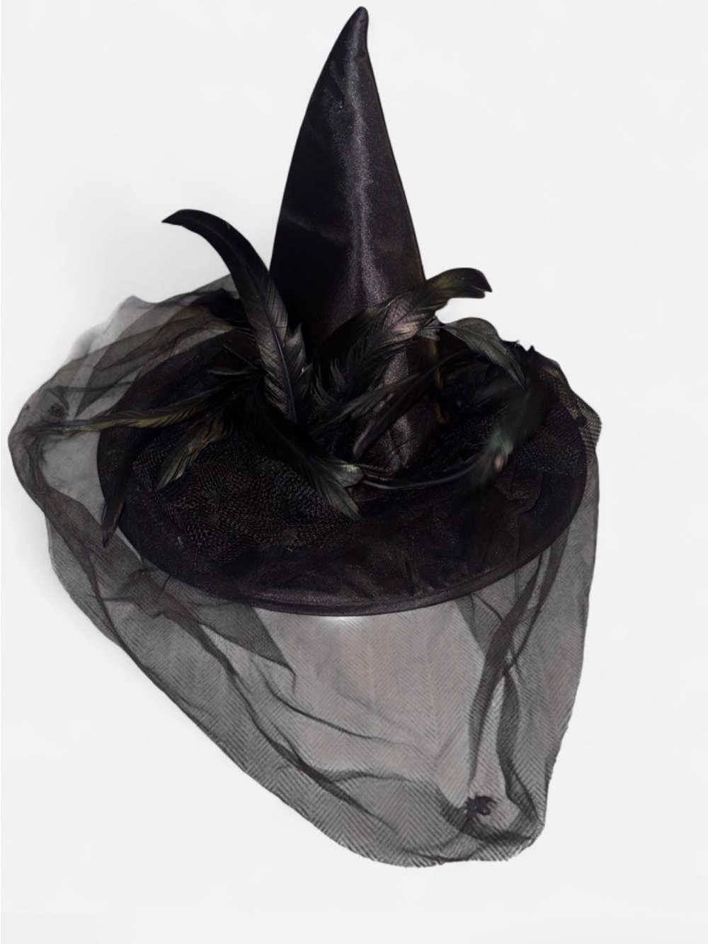 Black Feathered Witch Hat with Veil